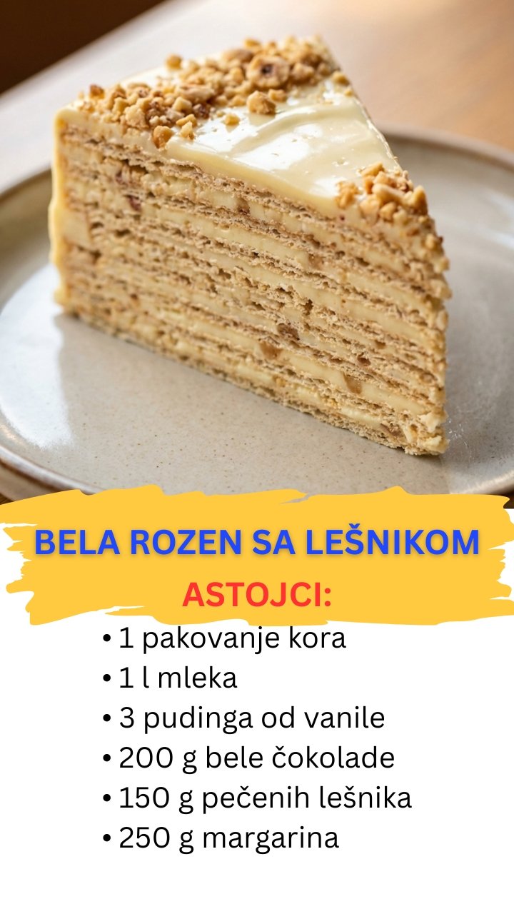 Bela Rozen Torta sa Lešnikom – Ukus Kao “Kinder Bueno” (Bez Pečenja)